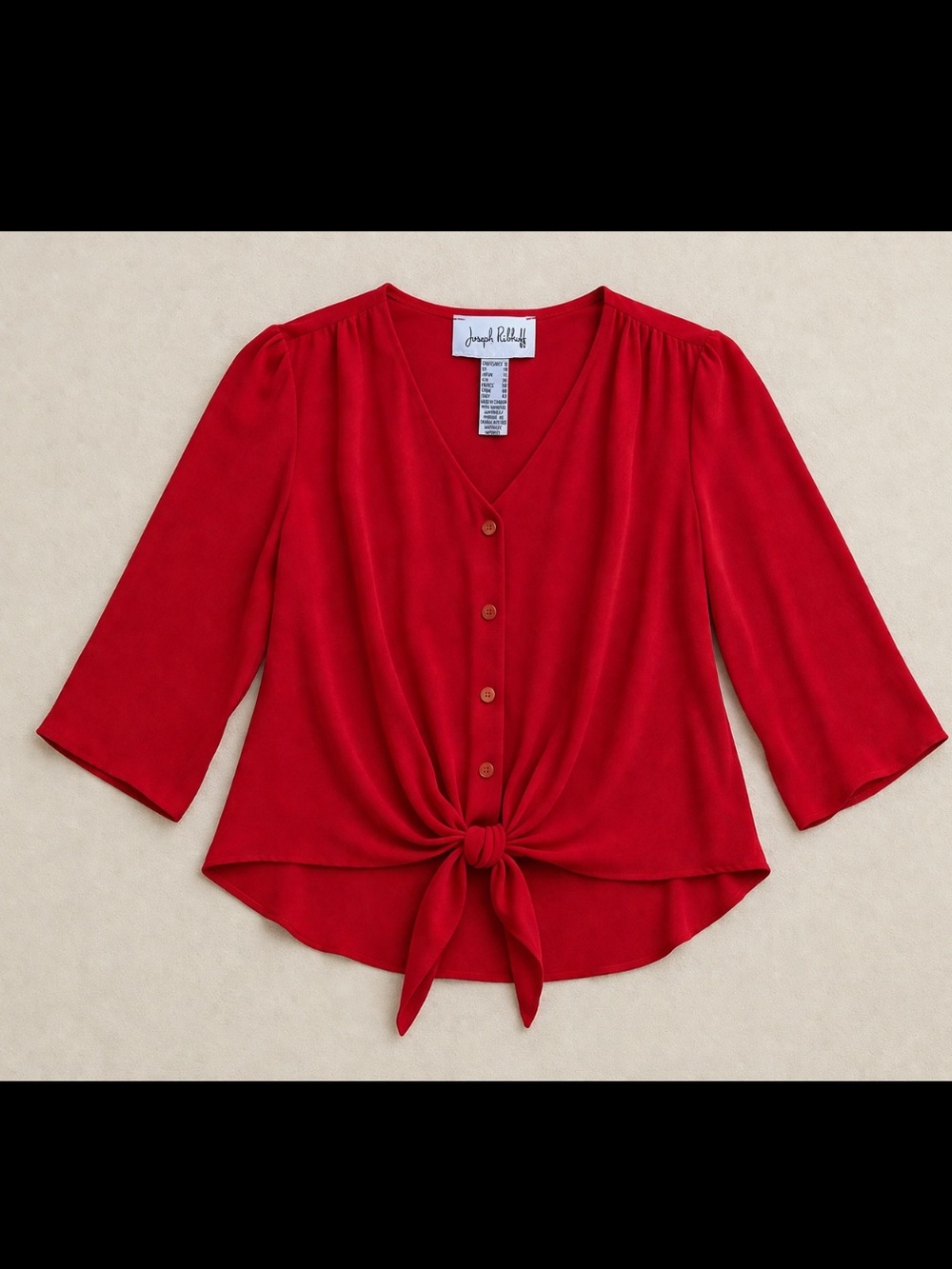 Joseph Ribkoff Red Tie Front Blouse Size 8 Chiffon V Neck 3/4 Sleeve Office - Picture 15 of 15